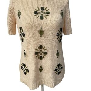 J.Crew Jeweled Cream Knit Top with Green Floral Embellishments